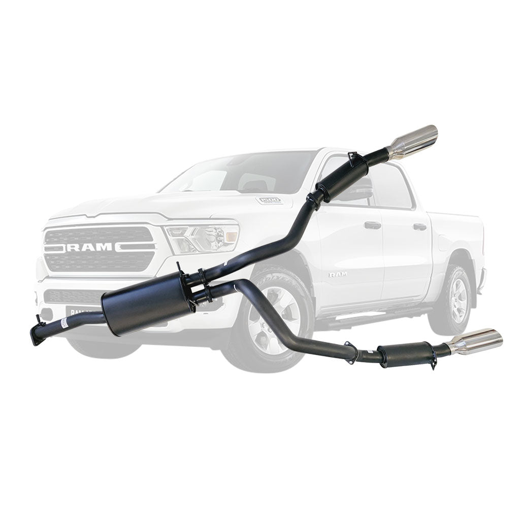 Ram 1500 DT Exhaust System - Twin 3 Inch Cat Back with 5 Inch Polished Chrome Tips for Limited and Laramie