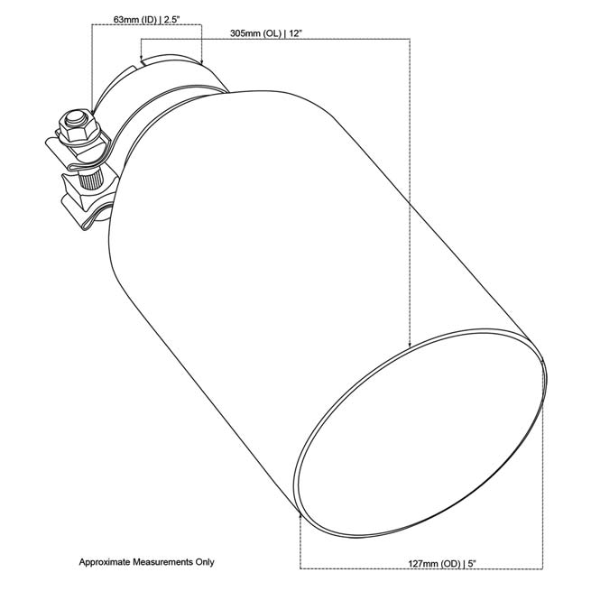 Exhaust Tip Angle Cut Inner Cone 2.5" In - 127mm Out 12" Long 304 Black Chrome