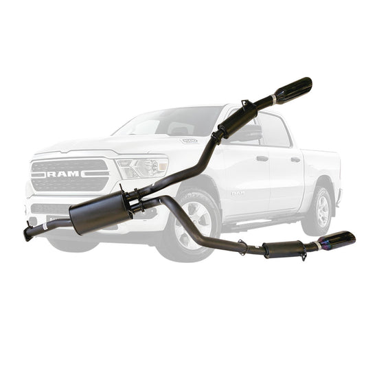 Ram 1500 DT Exhaust System - Twin 3 Inch Cat Back with 5 Inch Black Chrome Tips for Limited and Laramie