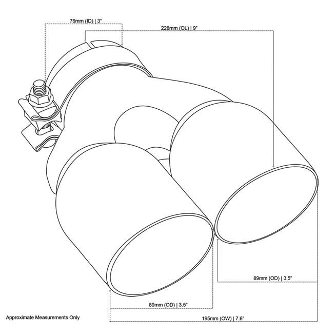 Exhaust Tip Y-Piece Inner Cone 3 Inch In - Dual 3.5 Inch Out 9" Long RHS 304SS