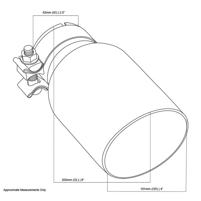 Exhaust Tip Angle Cut Inner Cone 2.5" In - 102mm Out 8" Long 304 Black Chrome