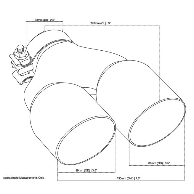 Exhaust Tip Y-Piece Inner Cone 2.5 Inch In - Dual 3.5 Inch Out 9" Long LHS 304SS