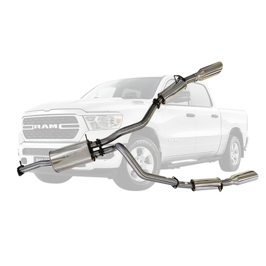 Ram 1500 DT Stainless Steel Exhaust System - Twin 3 Inch Cat Back with 5 Inch Polished Chrome Tips for Limited and Laramie